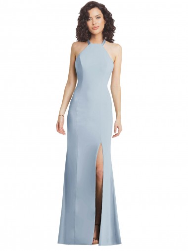 Affordable High Neck Halter Crepe Prom Dress with Twist Criss Cross Back