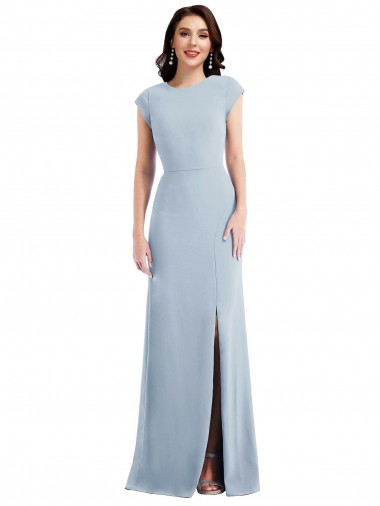 Affordable Cap Sleeve Open Back Trumpet Crepe Prom Dress with Front Slit