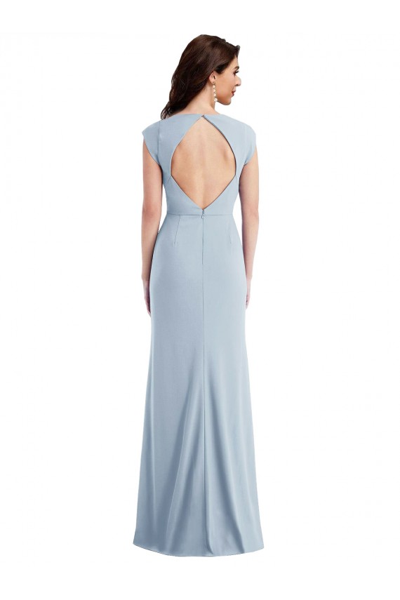 Affordable Cap Sleeve Open Back Trumpet Crepe Prom Dress with Front Slit