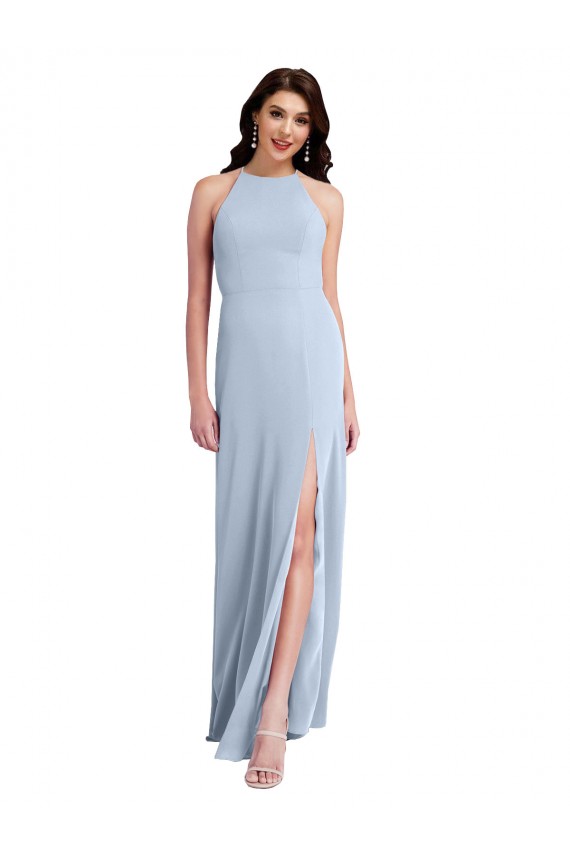 Affordable Fit and Flare High Neck Crepe Prom Dress with Side Slit
