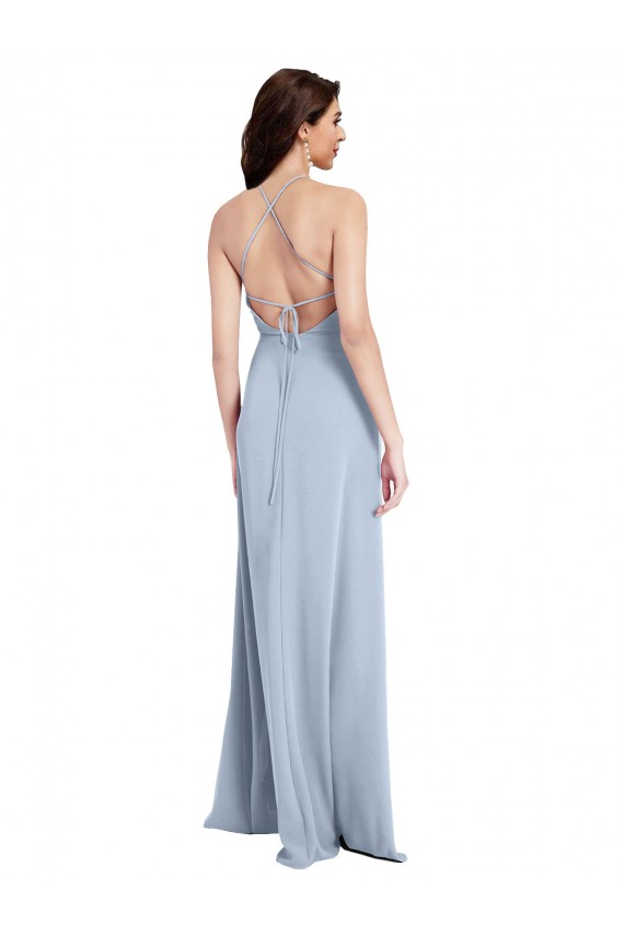 Affordable Fit and Flare High Neck Crepe Prom Dress with Side Slit