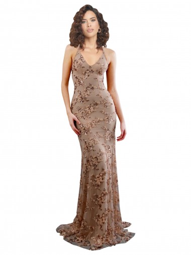 Affordable Floral Patterned Backless V-Neckline Sequin Prom Dress