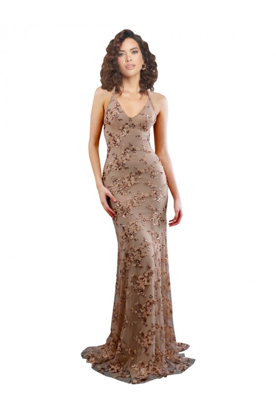 Affordable Floral Patterned Backless V-Neckline Sequin Prom Dress