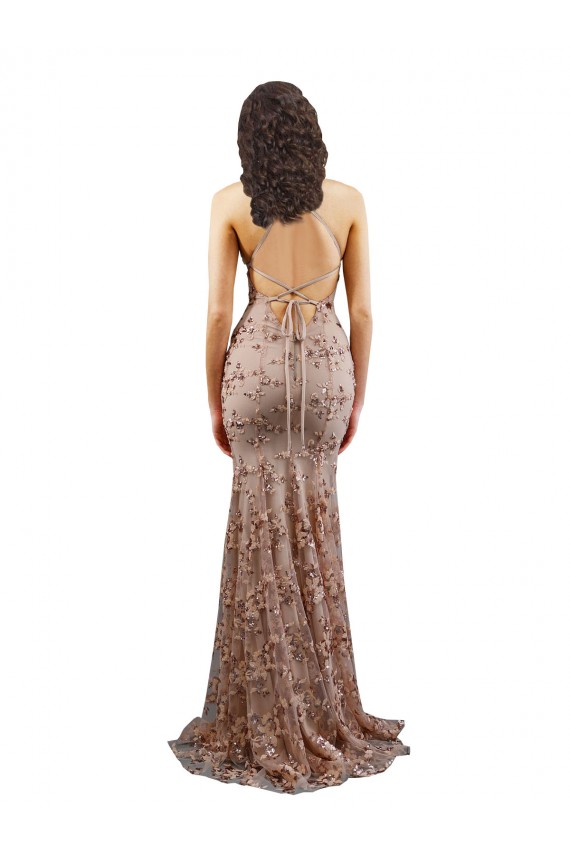 Affordable Floral Patterned Backless V-Neckline Sequin Prom Dress