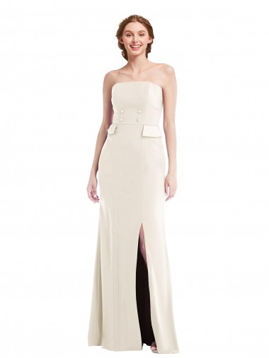 Affordable Long Strapless Tuxedo Maxi Prom Dress with Front Slit & Pockets