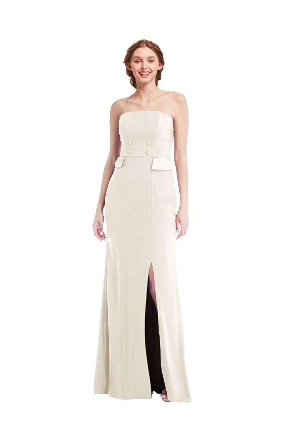 Affordable Long Strapless Tuxedo Maxi Prom Dress with Front Slit & Pockets