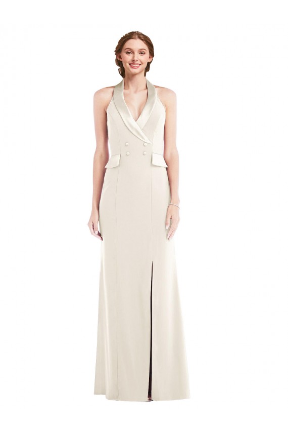 Affordable Halter Tuxedo Maxi Prom Dress with Front Slit