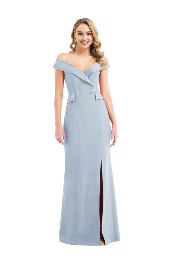 Affordable Off the Shoulder Tuxedo Maxi Prom Dress with Front Slit