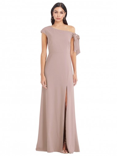 Affordable Off the Shoulder Tie Detail Maxi Crepe Prom Dress with Front Slit