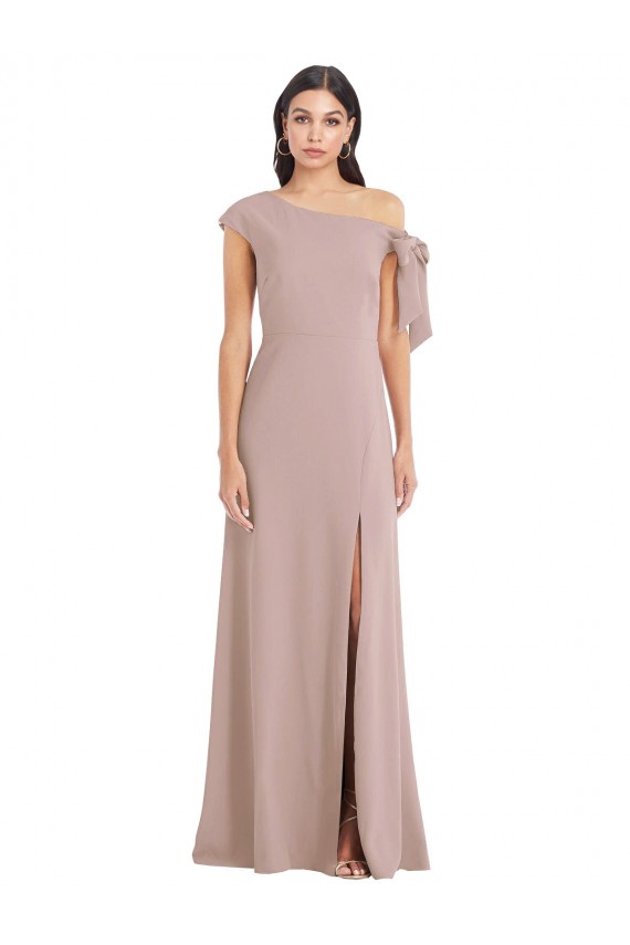 Affordable Off the Shoulder Tie Detail Maxi Crepe Prom Dress with Front Slit