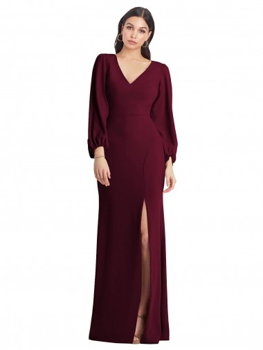 Affordable Long Puff Sleeve V-Neck Trumpet Maxi Prom Dress