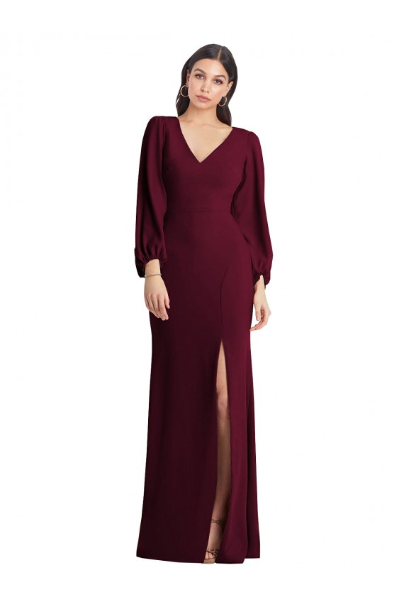 Affordable Long Puff Sleeve V-Neck Trumpet Maxi Prom Dress