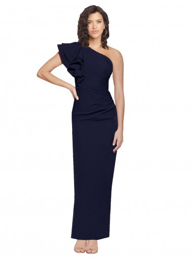Affordable Ruched Floor Length Long Crepe Prom Dress with Shoulder Ruffles