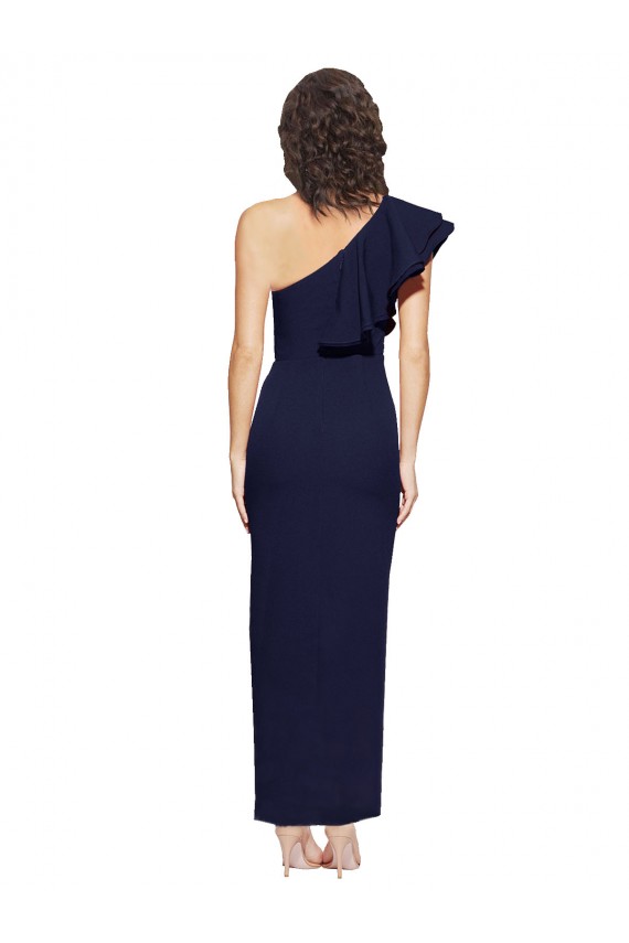 Affordable Ruched Floor Length Long Crepe Prom Dress with Shoulder Ruffles