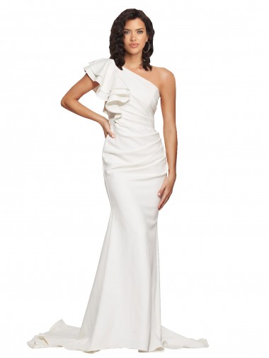 Affordable Ruched Long Sweep Train Crepe Prom Dress with Shoulder Ruffles