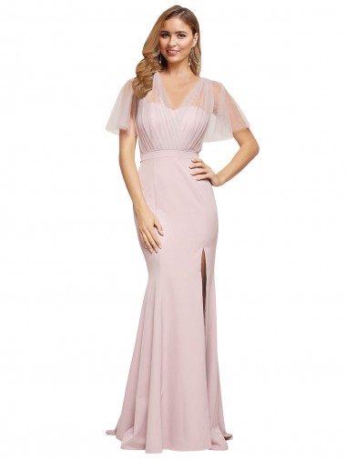 Affordable Crepe Long Sweetheart Neckline Prom Dress with Tulle Overlay Shoulders