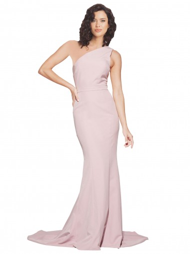 Affordable Long Sweep Train One Shoulder Crepe Prom Dress with Side Leg Split
