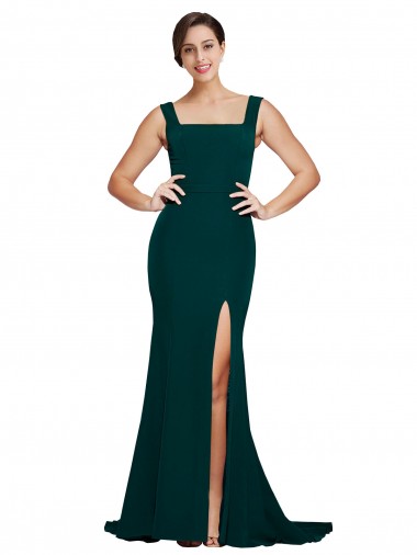 Affordable Fitted Square Neck Long Crepe Prom Dress with Train and Side Split