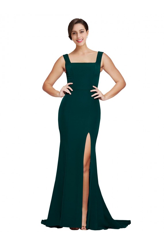 Affordable Fitted Square Neck Long Crepe Prom Dress with Train and Side Split