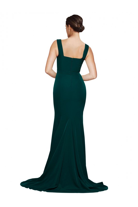 Affordable Fitted Square Neck Long Crepe Prom Dress with Train and Side Split