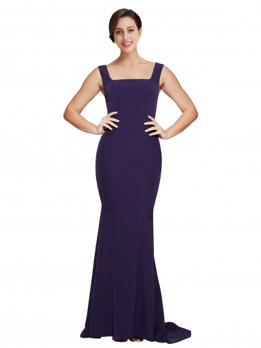 Affordable Square Neck Long Sweep Train Crepe Prom Dress with Thick Straps