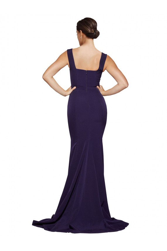 Affordable Square Neck Long Sweep Train Crepe Prom Dress with Thick Straps