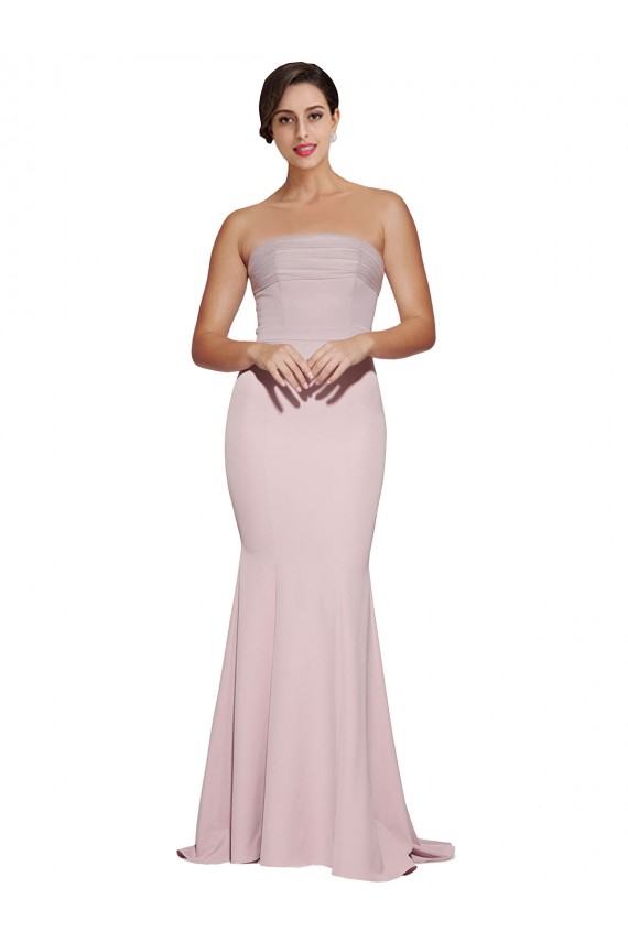 Affordable Straight Neck Long Strapless Crepe Prom Dress with Soft Tulle Overlay and Small Train
