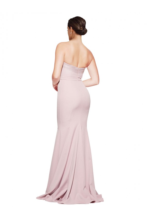 Affordable Straight Neck Long Strapless Crepe Prom Dress with Soft Tulle Overlay and Small Train