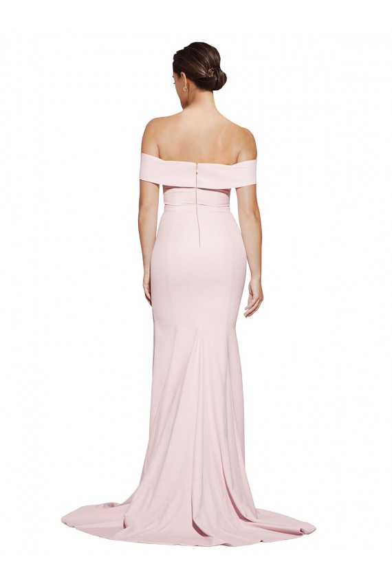 Affordable Off Shoulder Long Crepe Prom Dress with Straight Neckline and Side Split