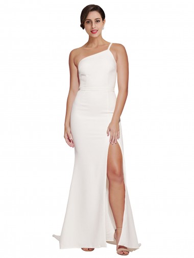 Affordable Long Sweep Train Crepe Prom Dress with Side Split and One Strap