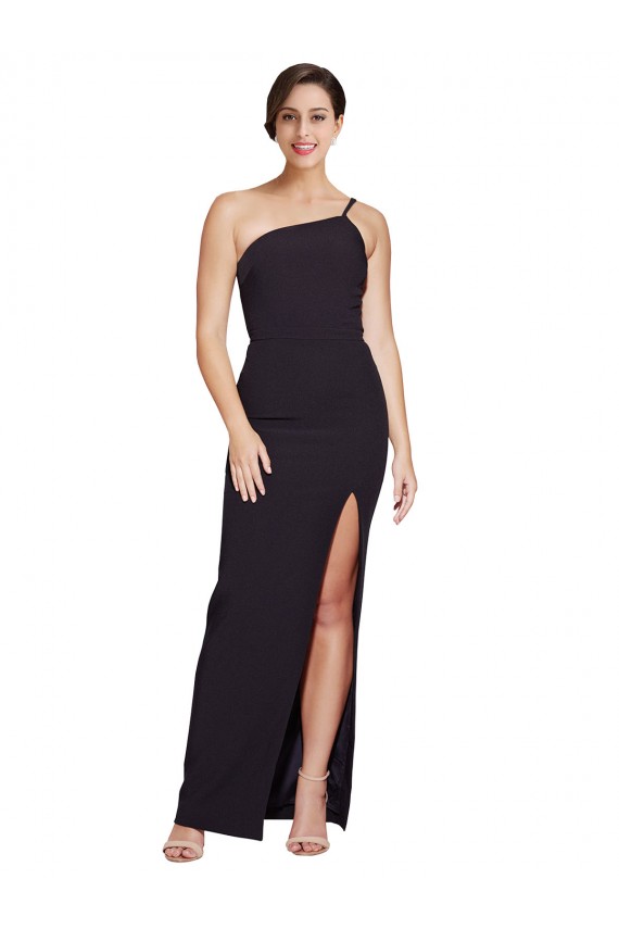 Affordable Long Floor Length Crepe Prom Dress with Side Split and One Strap
