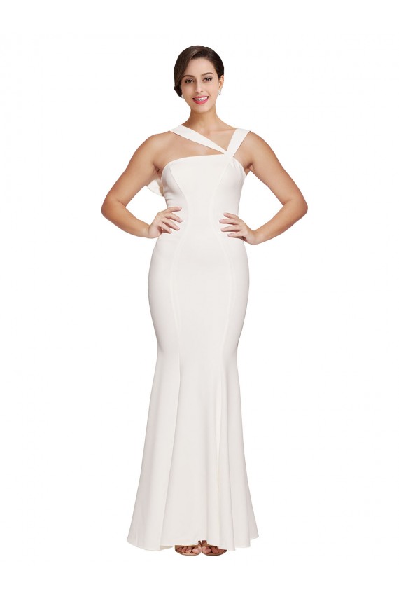 Affordable Full Length Square Neck Crepe Prom Dress with Asymmetrical Straps and Bow Back