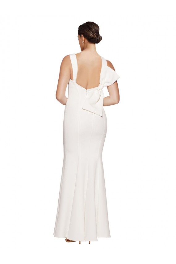 Affordable Full Length Square Neck Crepe Prom Dress with Asymmetrical Straps and Bow Back
