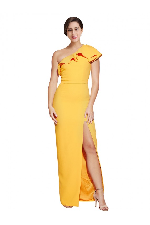 Affordable One Shoulder Floor Length Crepe Prom Dress with Thigh High Split