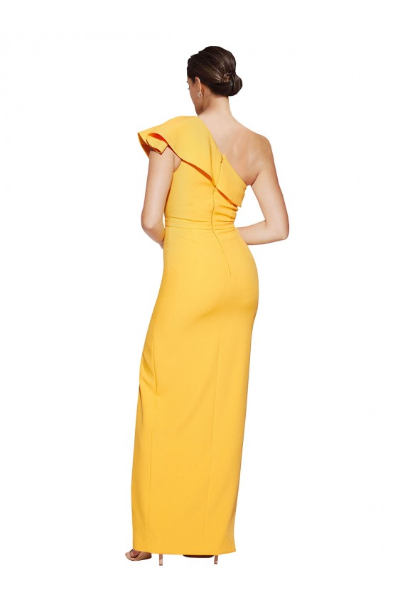 Affordable One Shoulder Floor Length Crepe Prom Dress with Thigh High Split