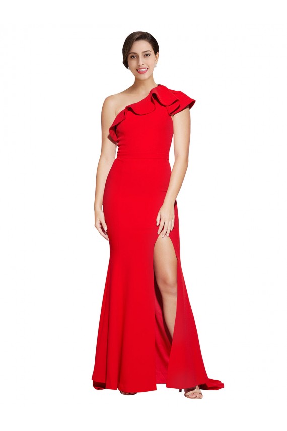 Affordable One Shoulder Long Sweep Train Crepe Prom Dress with Thigh High Split