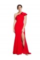 Affordable One Shoulder Long Sweep Train Crepe Prom Dress with Thigh High Split