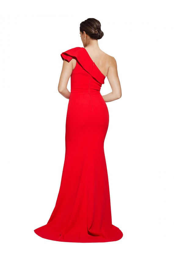 Affordable One Shoulder Long Sweep Train Crepe Prom Dress with Thigh High Split