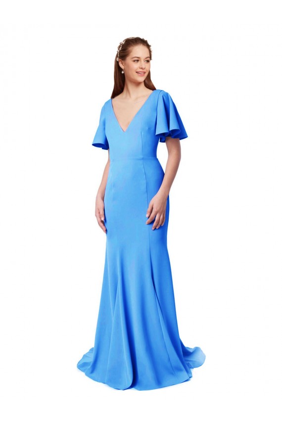 Affordable Short Sleeves Long V-Neck Crepe Prom Dress with V-Back