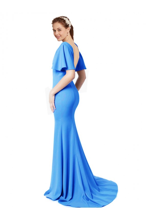 Affordable Short Sleeves Long V-Neck Crepe Prom Dress with V-Back