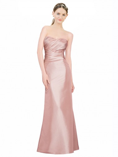Affordable Long Strapless Stretch Satin Prom Dress with Pleats and Low Back