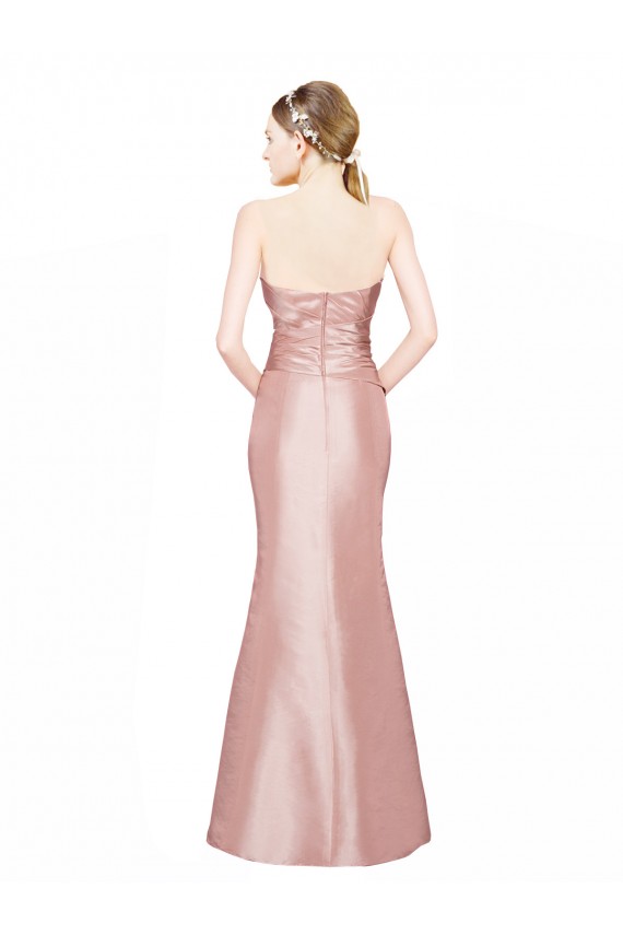 Affordable Long Strapless Stretch Satin Prom Dress with Pleats and Low Back