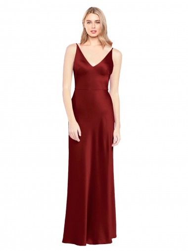 Affordable Full Length Long Stretch Satin Slip Prom Dress V-Back