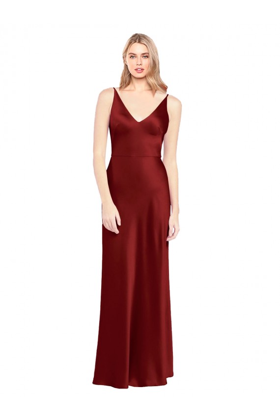 Affordable Full Length Long Stretch Satin Slip Prom Dress V-Back
