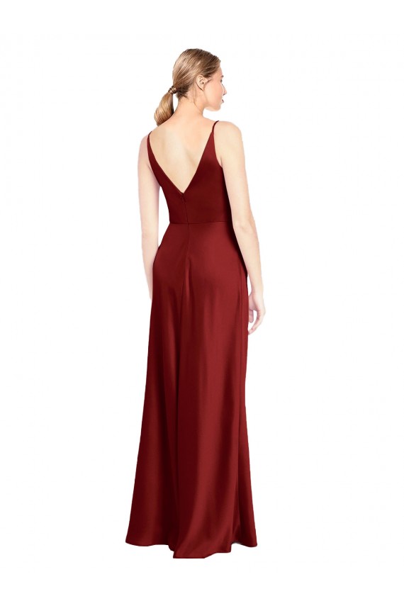Affordable Full Length Long Stretch Satin Slip Prom Dress V-Back