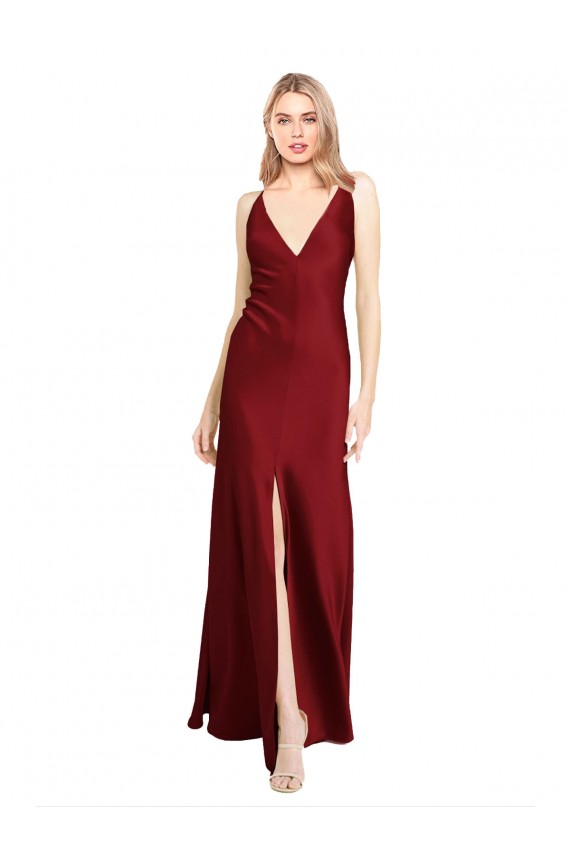 Affordable Floor Length Deep V-Back Stretch Satin Prom Dress with Front Slit