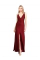 Affordable Floor Length Deep V-Back Stretch Satin Prom Dress with Front Slit