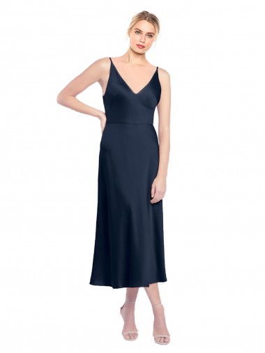 Affordable V-Neck Midi Length Short Stretch Satin Cocktail Prom Dress / Homecoming Dress V-Back