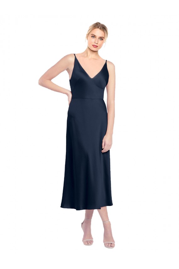 Affordable V-Neck Midi Length Short Stretch Satin Cocktail Prom Dress / Homecoming Dress V-Back