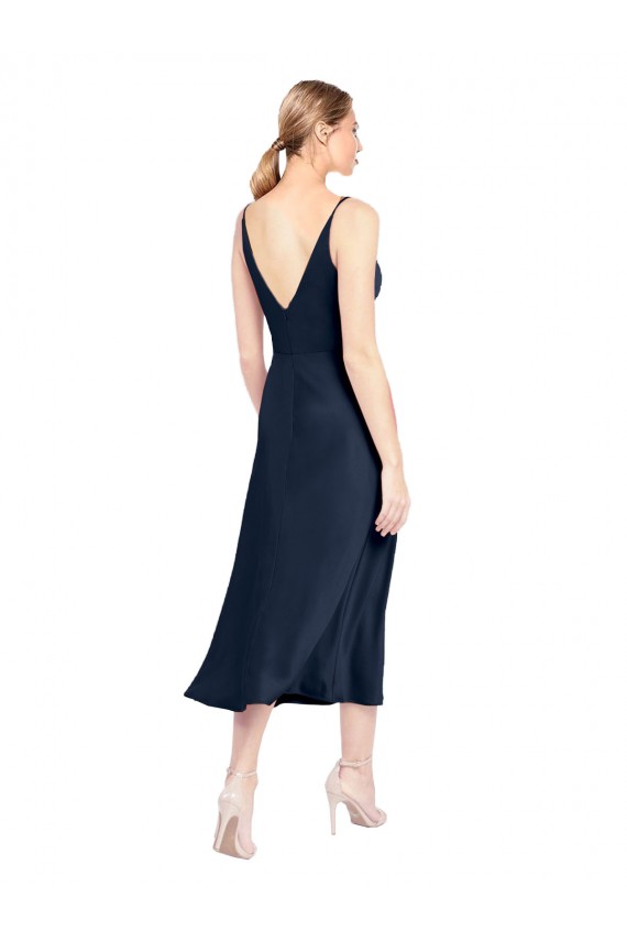 Affordable V-Neck Midi Length Short Stretch Satin Cocktail Prom Dress / Homecoming Dress V-Back